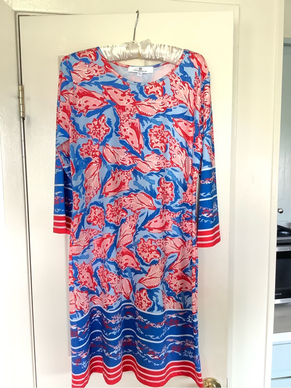 Women's Blue and Coral Floral Long-Sleeve Shift Dress